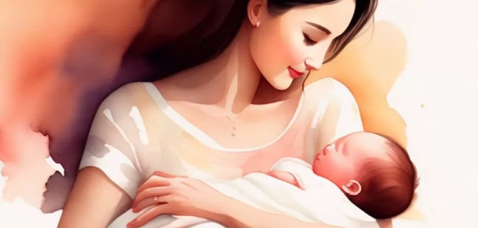 Ilustração em estilo aquarela de mulher jovem com bebê junto ao seu colo