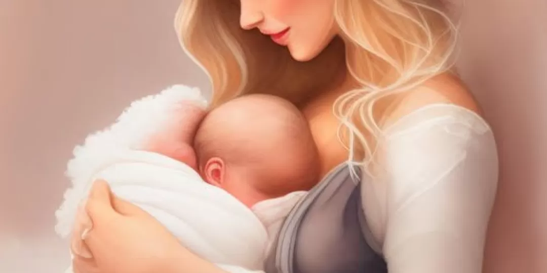 Ilustração em estilo aquarela de mulher segurando um bebê junto ao seu colo