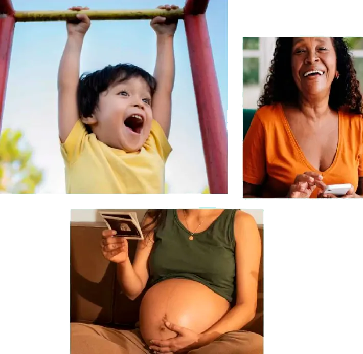 Criança brincando, mulher no celular e grávida vendo fotos
